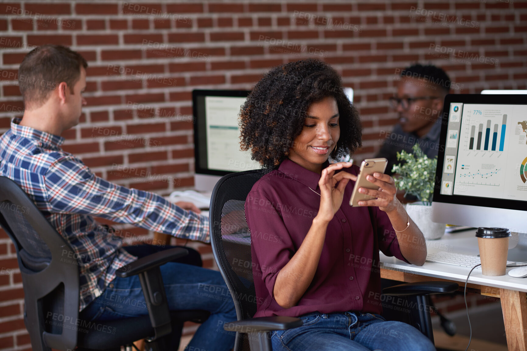Buy stock photo Business, phone and woman in office, typing and online reading for social media campaign. People, mobile user and employee in workplace, app for subscription increase and review for homepage stats