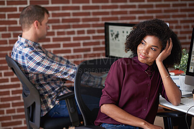 Buy stock photo Thinking, employees and woman with smile in creative agency, project planning and campaign vision. Coworking, perspective or happy person with audience mindset for marketing idea, startup or daydream