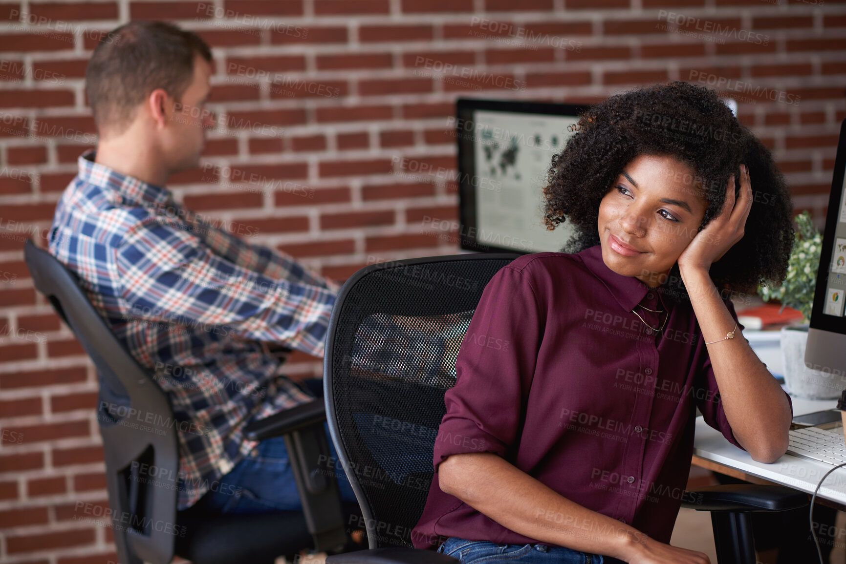 Buy stock photo Thinking, employees and woman with smile in creative agency, project planning and campaign vision. Coworking, perspective or happy person with audience mindset for marketing idea, startup or daydream