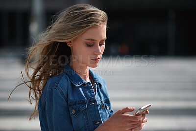 Buy stock photo Outdoor, student and woman with phone for commute, reading message and university app for schedule. City, morning travel and scholar with mobile for directions, digital navigation and check location