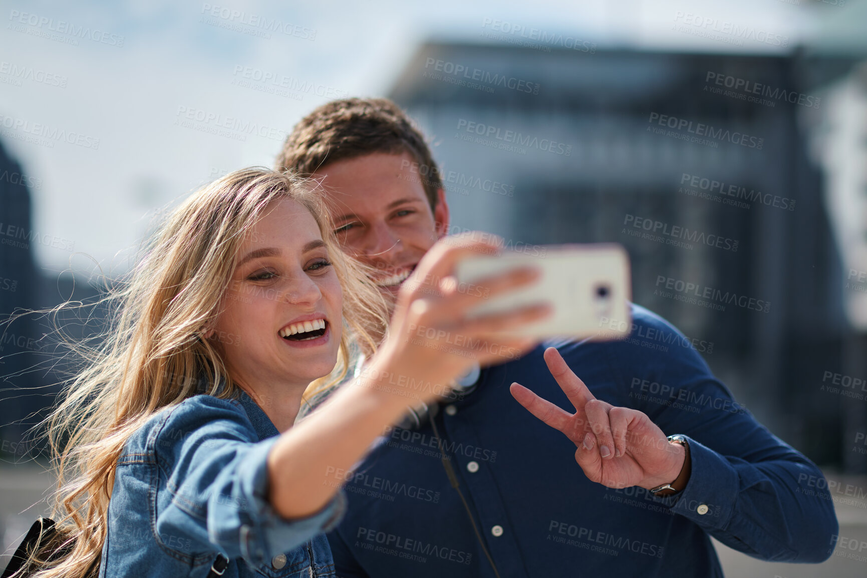 Buy stock photo Couple, selfie and smile in city for vacation, holiday adventure and tourists with photography. Happy, man and woman with peace sign, profile picture and together on honeymoon trip for bonding