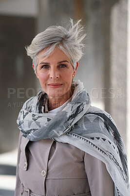 Buy stock photo Fashion, smile and portrait of woman in city with confidence for winter outfit with coat and scarf. Pride, cold weather and mature female person with clothes for business style in urban town.