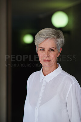 Buy stock photo Smile, fashion and portrait of senior woman in home with confidence for outfit on holiday or break. Retirement, shirt and elderly female person with clothes for style in house for vacation or weekend