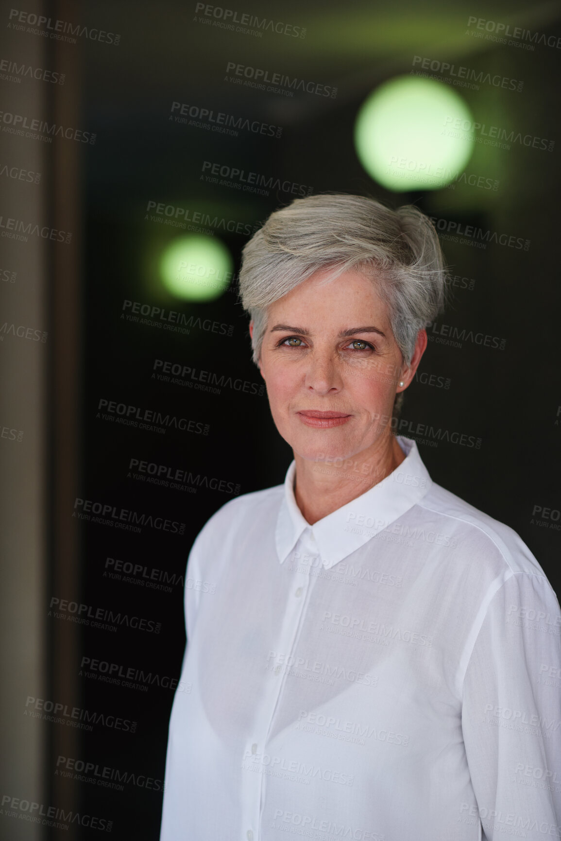 Buy stock photo Smile, fashion and portrait of senior woman in home with confidence for outfit on holiday or break. Retirement, shirt and elderly female person with clothes for style in house for vacation or weekend