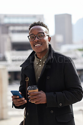 Buy stock photo Portrait, businessman and commute in city with phone, coffee and smile for digital marketing career. Happy, black person and beverage in urban town with tech, pride and travel to advertising agency.