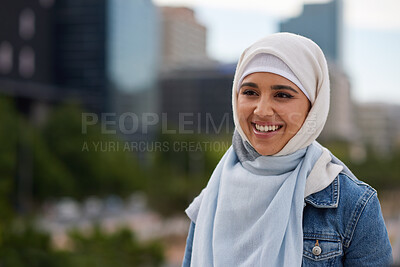Buy stock photo Happy, thinking and muslim woman in city on holiday, getaway or weekend trip with planning. Smile, outdoor and islamic female person in urban town with ideas, memory or reflection on vacation.