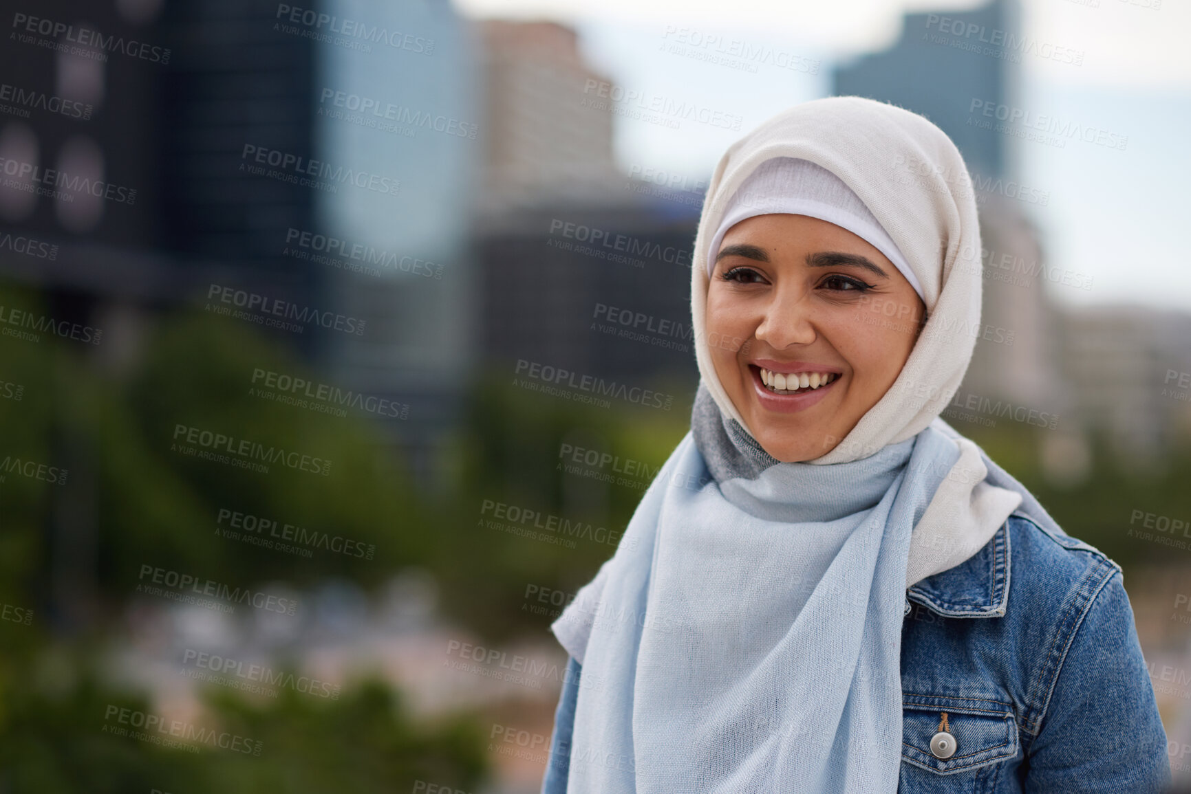 Buy stock photo Happy, thinking and muslim woman in city on holiday, getaway or weekend trip with planning. Smile, outdoor and islamic female person in urban town with ideas, memory or reflection on vacation.