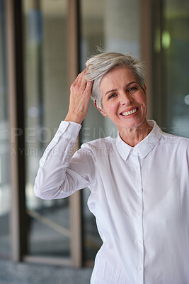 Buy stock photo Happy, professional and portrait of businesswoman in office with confidence for creative career. Smile, positive attitude and mature female designer with pride for about us at workplace in London.