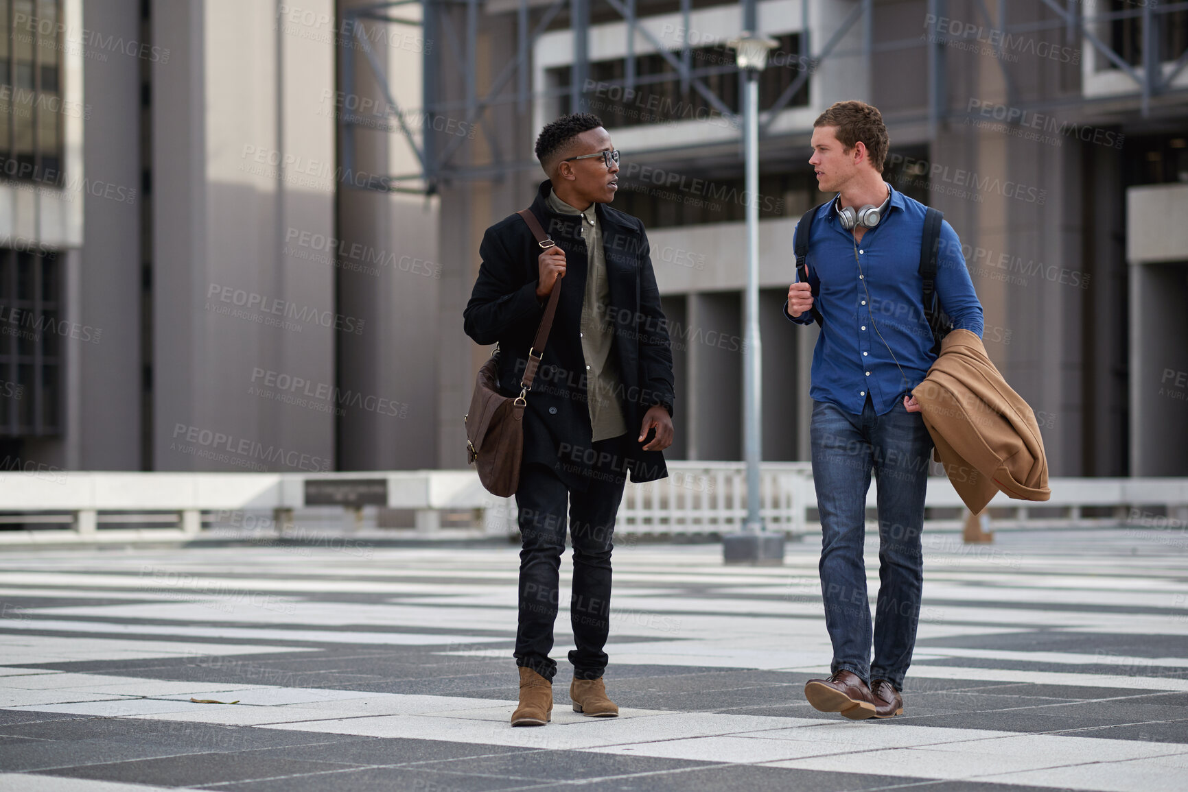 Buy stock photo Walking, friends or business people with conversation in city, investment idea or bonding on commute. Morning travel, coworkers or men with brainstorming for revenue generation, planning or talking