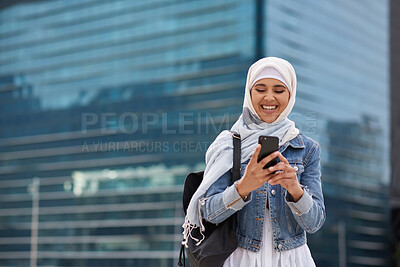 Buy stock photo City, student and Muslim woman with phone for commute, reading message and university app for schedule. Laughing, mobile and happy scholar with hijab for morning travel, internet joke and space