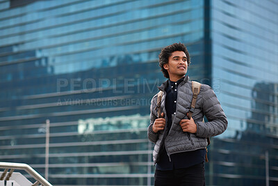 Buy stock photo Creative, commute and businessman with backpack in city, thinking and planning for first day at work. Outdoor, employee and person with career decision, remember and ideas for media job in morning