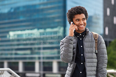 Buy stock photo Student, phone call and man in city, smile and conversation with contact for scholarship update. Mobile, African person and talk in town for connection, education info or chat on commute with space