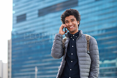 Buy stock photo Student, phone call and man in city, happy and conversation with contact for scholarship update. Mobile, African person and talk in town for connection, education info or chat on commute with space