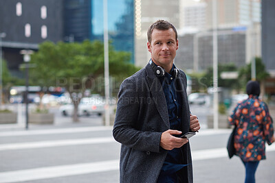 Buy stock photo Thinking, businessman and commute with phone in city, smile and planning for investment opportunity. Outdoor, asset manager and happy person with mobile on street, travel and walk to work in morning