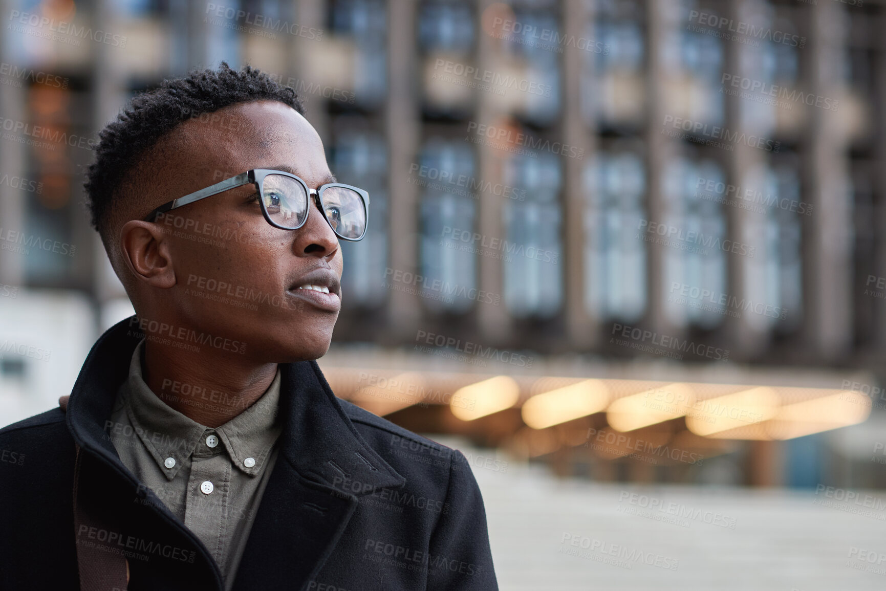 Buy stock photo City, commute and businessman with glasses, thinking and plan for investment opportunity on journey. Outdoor, asset manager and black person with eyewear, decision and walking to work in morning