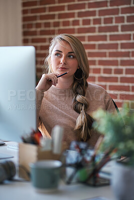 Buy stock photo Planning, thinking and woman with computer in creative agency, ads launch decision and campaign agenda. Smile, perspective and project manager with idea for release schedule, marketing startup and pc