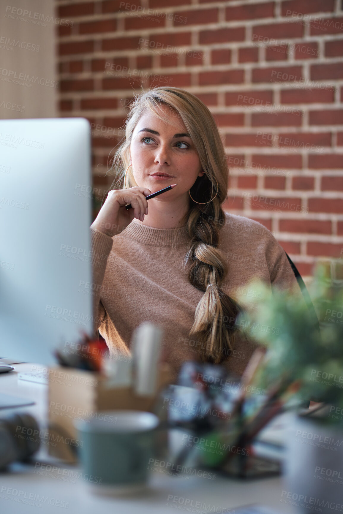Buy stock photo Planning, thinking and woman with computer in creative agency, ads launch decision and campaign agenda. Smile, perspective and project manager with idea for release schedule, marketing startup and pc