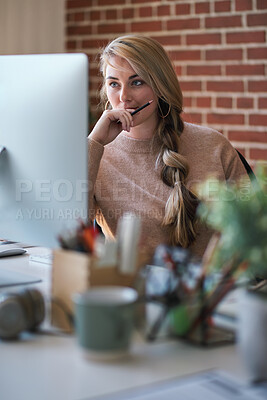 Buy stock photo Review, thinking and woman with computer in creative agency, planning ads launch and campaign agenda. Reading, serious and project manager with decision for release schedule, marketing startup and pc