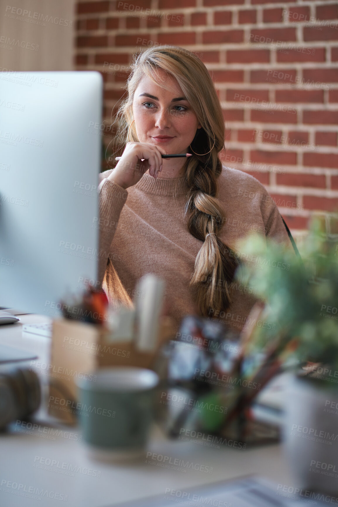 Buy stock photo Thinking, computer and businesswoman in office with research for creative project with ideas. Planning, problem solving and female magazine editor with brainstorming for article with publishing.