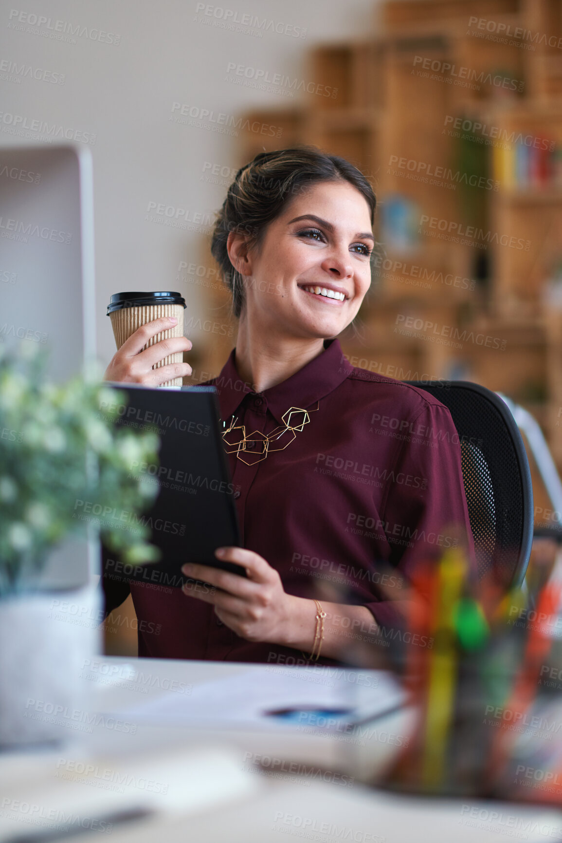 Buy stock photo Happy, businesswoman and thinking with coffee in office, creative or planning for marketing strategy. Brand manager, reflection and person with report, ideas and smile with caffeine drink in business