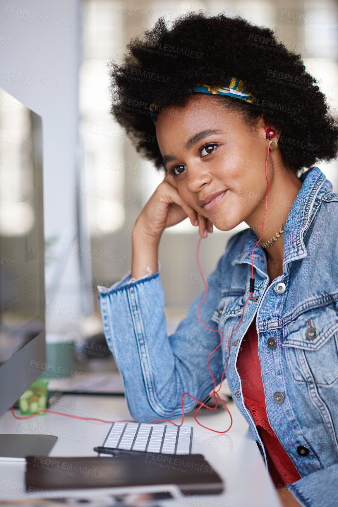 Buy stock photo Teenager, education and thinking with earphones in high school or listen to music with subscription. Happy, black person and streaming audio with tech on break, reflection and assignment in classroom