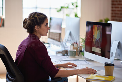 Buy stock photo Creative, online and businesswoman with computer screen in office, serious or logo design on website. Business, graphic designer and person with tech for research, editing and planning for project