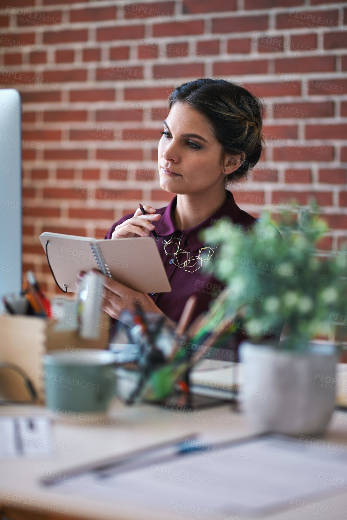 Buy stock photo Reading, notebook and woman with computer in creative agency, planning launch and campaign agenda. Review, to do list and project manager with idea for ads release schedule, marketing startup and pc