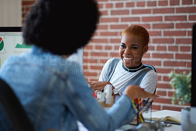 Buy stock photo Meeting, conversation and proposal with business women in office, event planner and client feedback. Laughing, project management or startup with people in creative agency for discussion and ideas