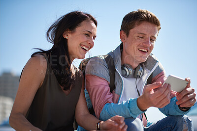 Buy stock photo Outdoor, mother and man with phone for laughing, social media and funny video for weekend bonding. Internet humor, happy woman and adult son with mobile for connection, reading message and web forum