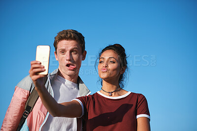 Buy stock photo Outdoor, holiday or couple with funny face for selfie, travel memory or internet post for trip update. Photography, space or playful people with picture for social media, vacation or silly expression