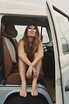 Portrait Beautiful hippie girl road trip camper van confident retro style