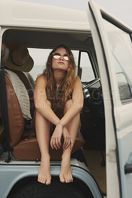Buy stock photo Woman, relax and car at beach for road trip with travel, sunglasses or break on holiday for summer getaway. Girl, vehicle and transportation with shades, pride and confidence on vacation with tourism
