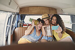 Beautiful best friends taking selfies smart phone vintage camper van retro style social media smiling having fun