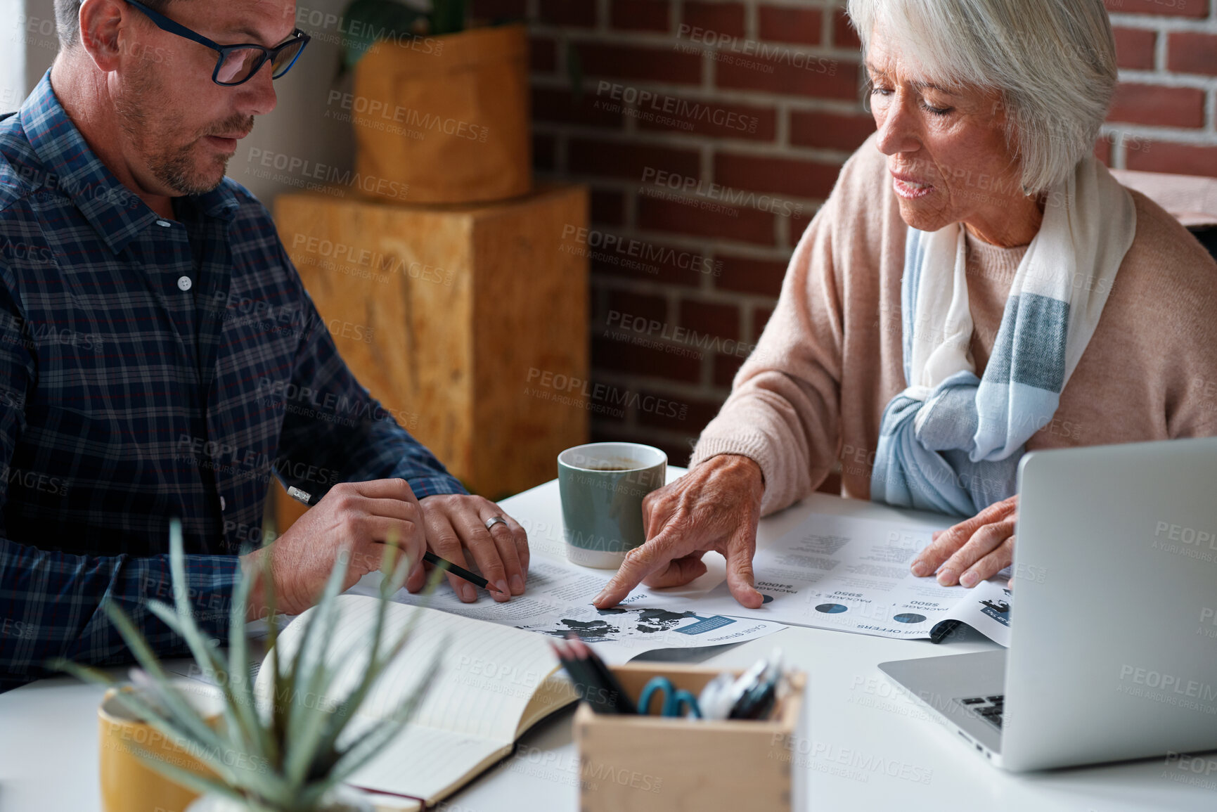 Buy stock photo Document, consultation and financial advisor with senior woman for investment offer, options or choice. Client, paperwork and discussion in office for retirement planning, pension or asset management