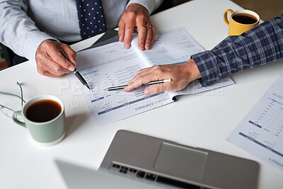 Buy stock photo Accounting, documents and hands of business people in meeting for finance review, audit and budget. Office, team and workers with paperwork, financial report and laptop for expenses or evaluation