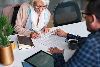 Buy stock photo Contract, signature and financial advisor with senior woman for investment or legal agreement. Client, paperwork or writing on form in office for retirement planning, pension fund or insurance policy