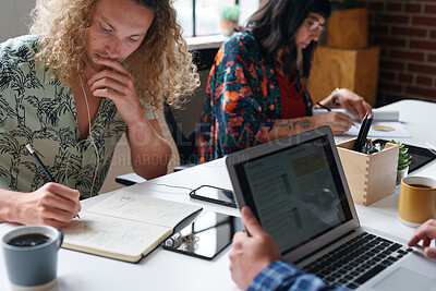 Buy stock photo Creative, coworking and people in office with laptop, notebook and planning at magazine agency. Publishing, team and workers with notes, tech and meeting for article idea, trending topics and story