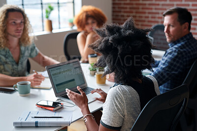 Buy stock photo Creative, meeting and people in office with laptop, notebook and planning at magazine agency. Publishing, team and workers with notes, tech and discussion for article idea, trending topics and story