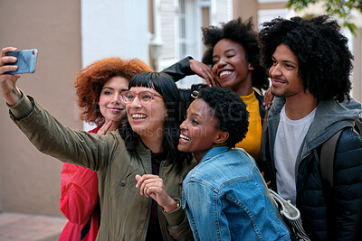 Buy stock photo College student, selfie and happy with friends at campus for learning, bonding and post memory on web. Gen z people, group and smile with photography, profile picture and social media at university