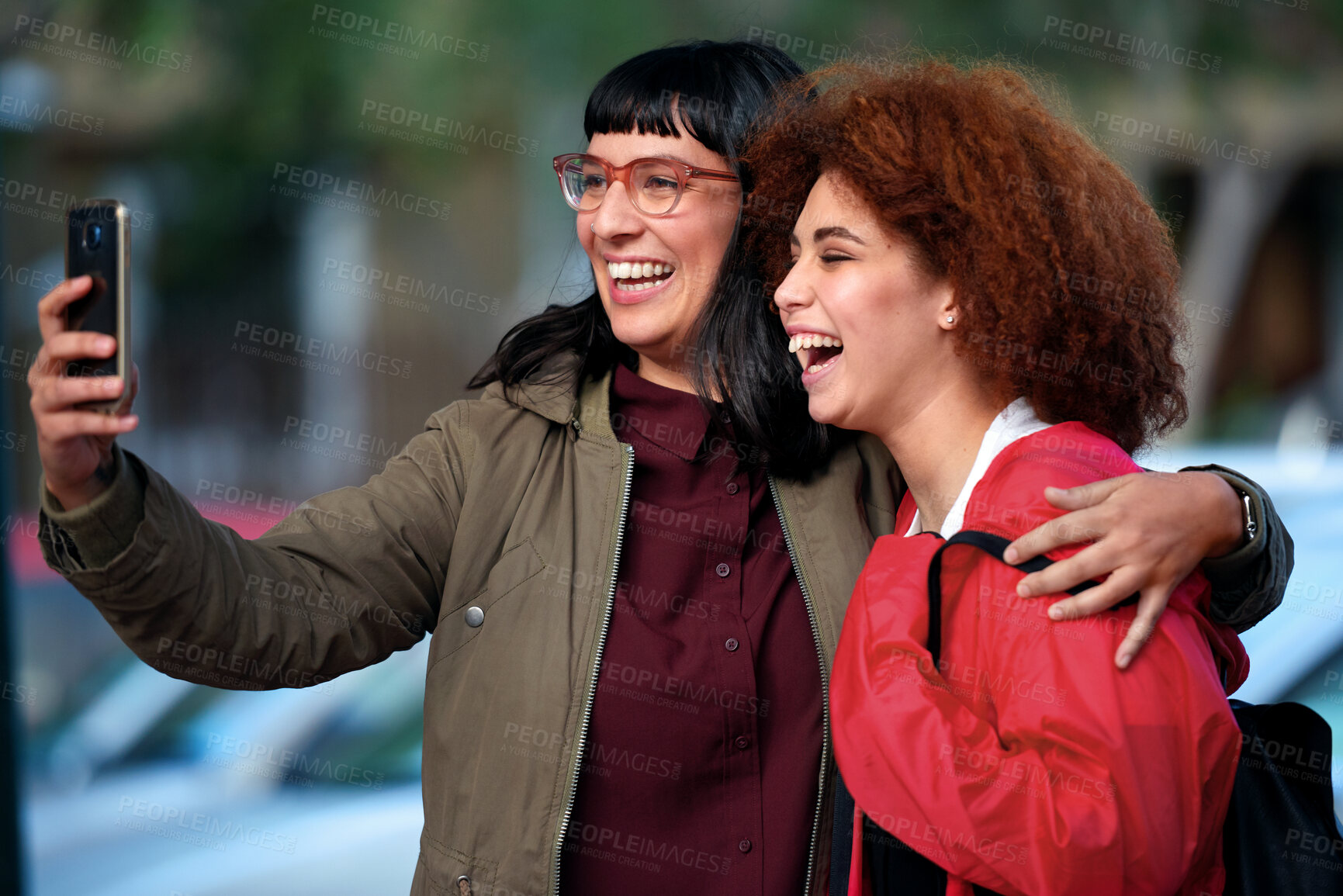 Buy stock photo College student, selfie and smile with friends at campus for hug, bonding or excited for memory on web. Gen z people, embrace and happy with photography, profile picture or social media at university