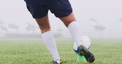 Buy stock photo Kick, rugby and sports with feet of person on field for game training, competition practice and match. Penalty score, fitness and challenge with legs of player outdoor for ball, action and exercise