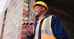 Happy man, loud speaker and architect with phone at construction site, communication and inspection. Architecture, discussion and black person with mobile for voice note, online and building update