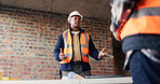 Architect, teamwork and men with ideas in building, discussion and planning for property development. Civil engineer, paperwork and people with document for architecture, talking and collaboration