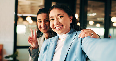Buy stock photo Business, women and selfie with smile and peace sign in office for social media post, staff and friends. Portrait, employees and meet the team at creative agency with collaboration, connection or pov