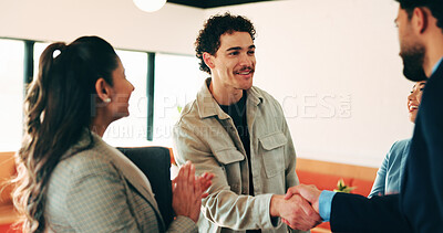 Buy stock photo Businessman, handshake and team with applause in lounge at office, success and happy at finance company. People, shaking hands and celebration for motivation, achievement or congratulations at agency