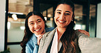 Business, women and selfie with smile and together in office for social media post, staff and friends. Portrait, employees and meet the team at creative agency with collaboration, connection or pov
