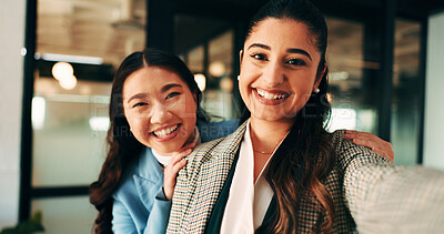 Buy stock photo Business, women and selfie with smile and together in office for social media post, staff and friends. Portrait, employees and meet the team at creative agency with collaboration, connection or pov