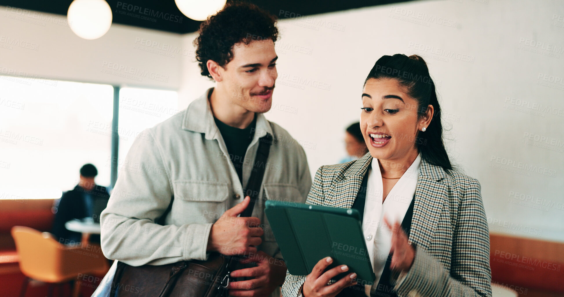 Buy stock photo Business people, happy and tablet in lounge at office with review, notification or project at finance agency. Woman, man and broker with tech, application and excited with risk management at company