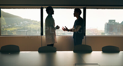 Buy stock photo Men, doctor and discussion with nurse in boardroom for medical proposal, idea or plan. Male people, healthcare workers or conversation with health solution for advice, assistance or help in hospital