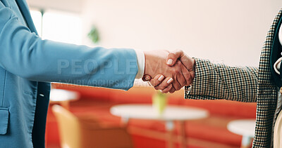 Buy stock photo Shaking hands, business people and deal at cafe with success, agreement or hiring with HR manager. Person, human resources and welcome with onboarding, thanks and handshake for support at coffee shop